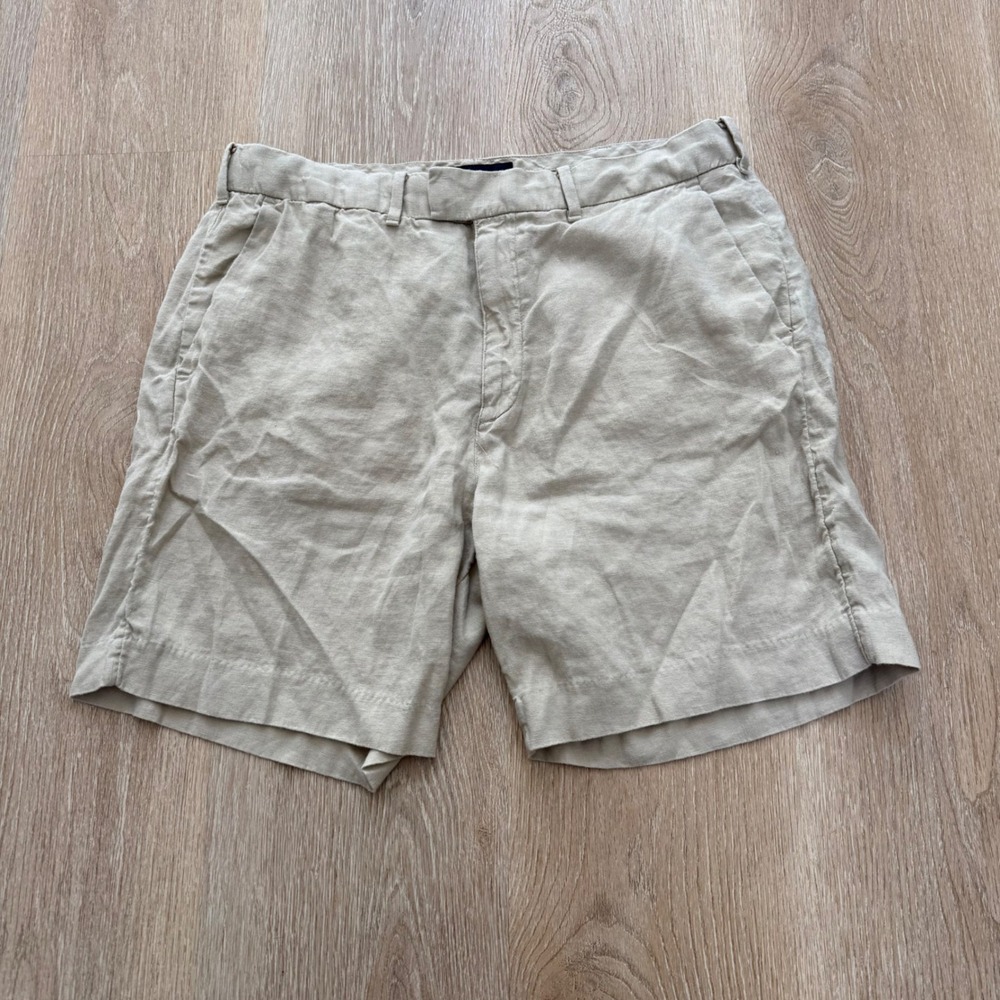 Abercrombie & Fitch 100% Linen Shorts Mens 36 Beige Tan Flat Front Summer Beach